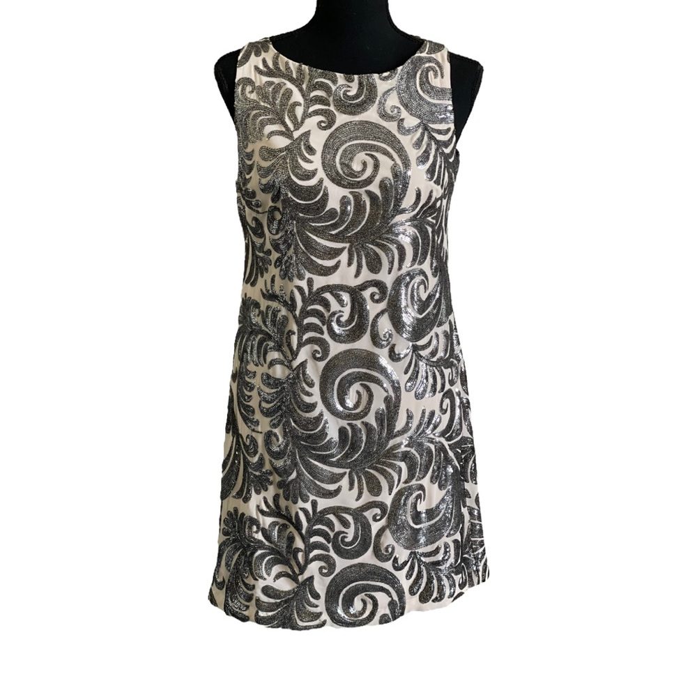 CACHE Ivory with Silver Detailing Sleeveless Shimmery Cocktail Dress Size L